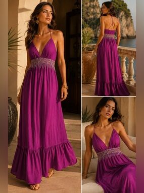 Nicole Miller Dragonfruit Silk Beaded Fringe Maxi Dress Size 4